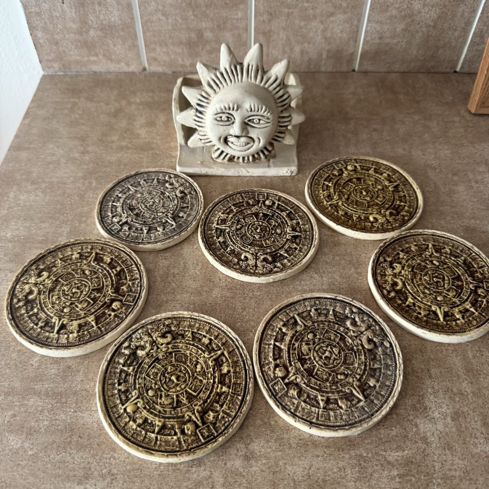 Vintage Aztec Celestial Sun Ceramic Coaster‎ Set Of 7 With Holder Stand